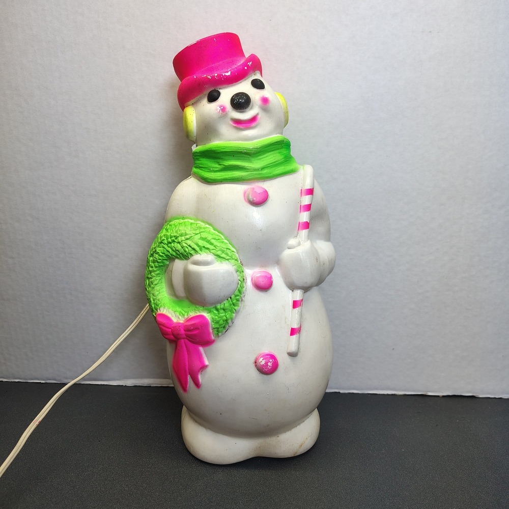 Empire Blow Mold Snowman 13" White Pink Green Vintage Christmas